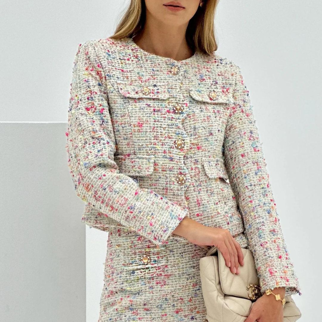 Jakobsmuschel Rand Tweed Jacke | Wit en Multi-kleur | Katiena