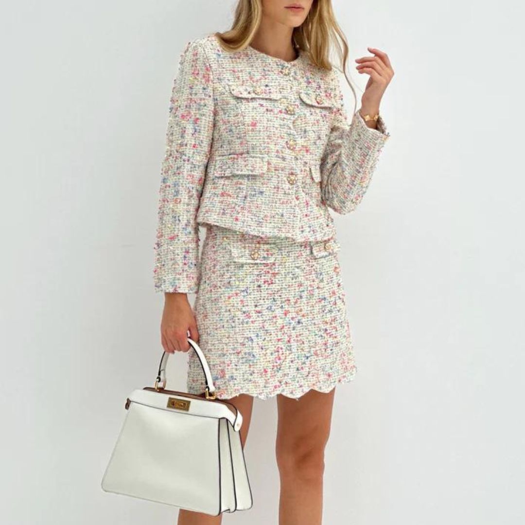 Jakobsmuschel Rand Tweed Jacke | Wit en Multi-kleur | Katiena