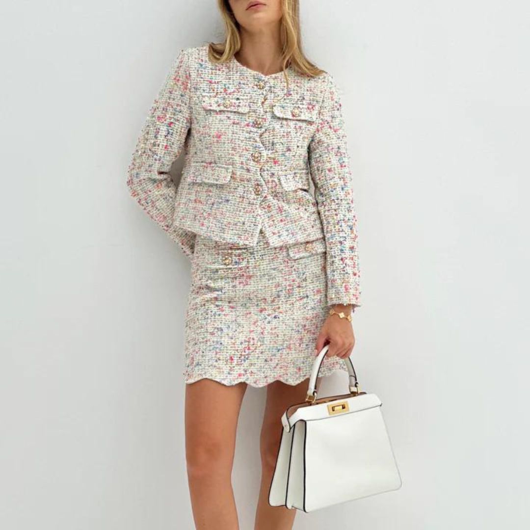 Jakobsmuschel Rand Tweed Jacke | Wit en Multi-kleur | Katiena