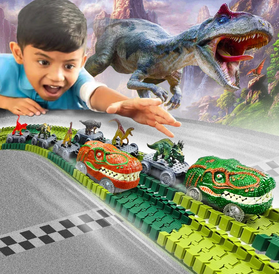 Flexible XXL Dinosaurier-Auto Rennstrecke | Elektrisch & Met Looping