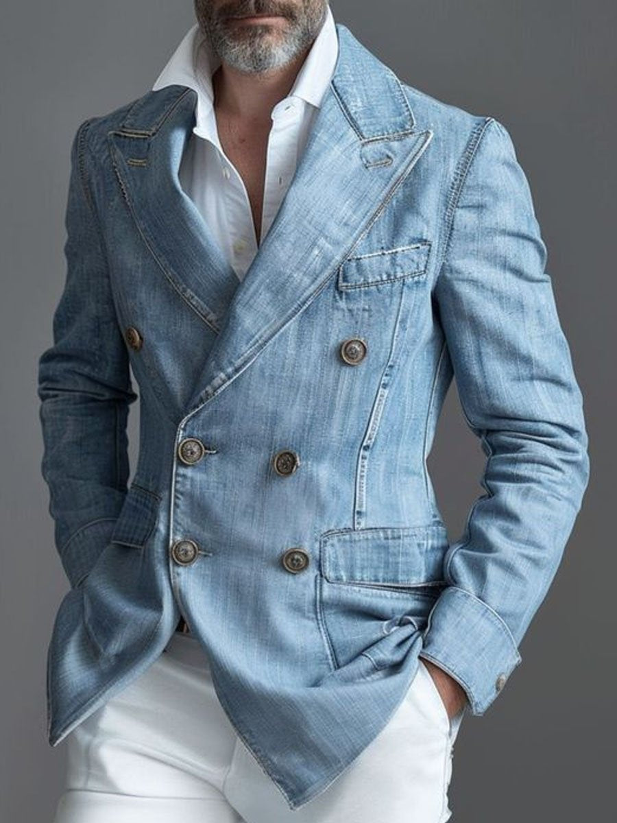 Heren Casual Denim Blazer met Dubbele Knoopsluiting en Zakken - Stijlvol