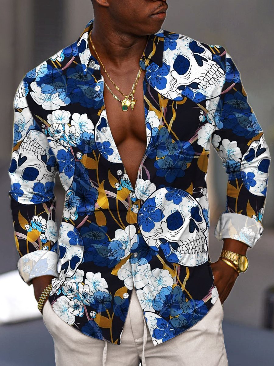 Heren Vintage Overhemd met Lange Mouwen en Skull Floral Print