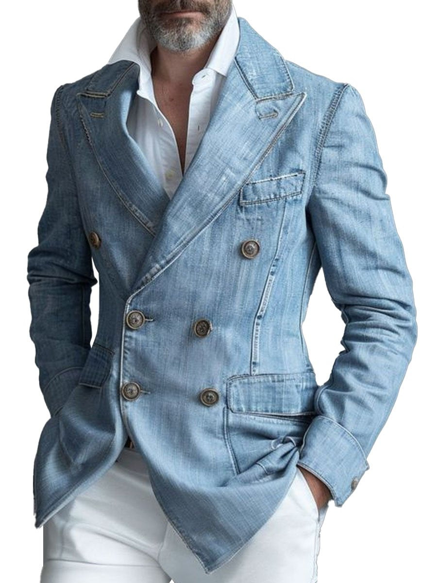 Heren Casual Denim Blazer met Dubbele Knoopsluiting en Zakken - Stijlvol