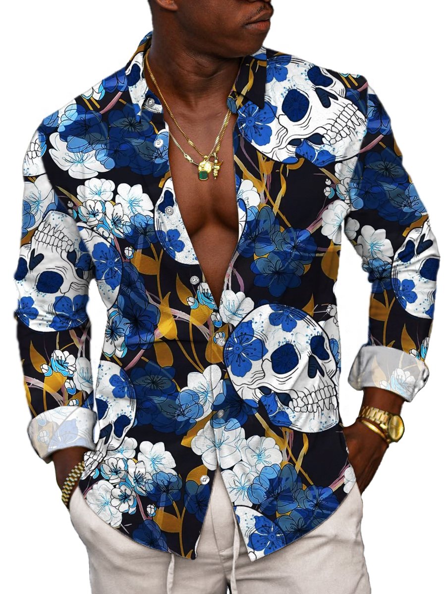 Heren Vintage Overhemd met Lange Mouwen en Skull Floral Print