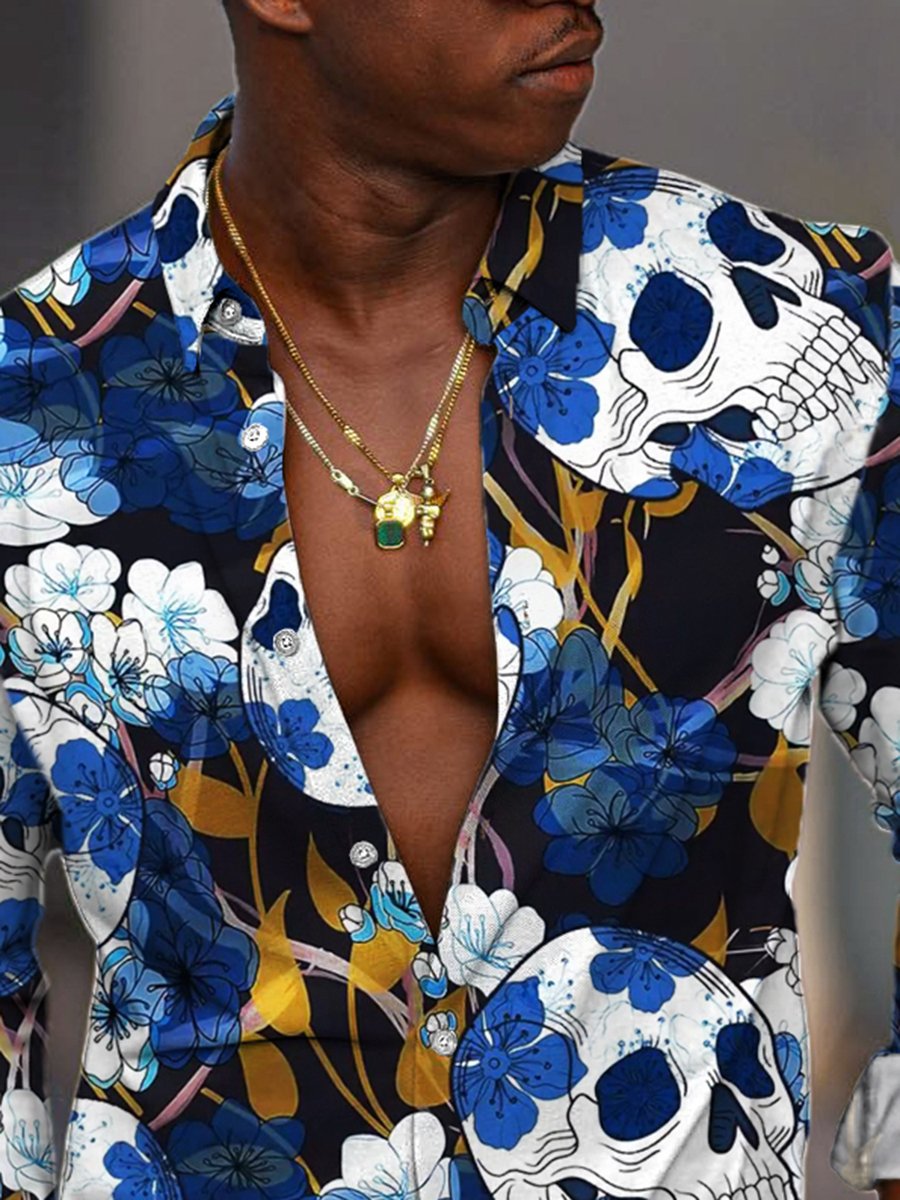 Heren Vintage Overhemd met Lange Mouwen en Skull Floral Print