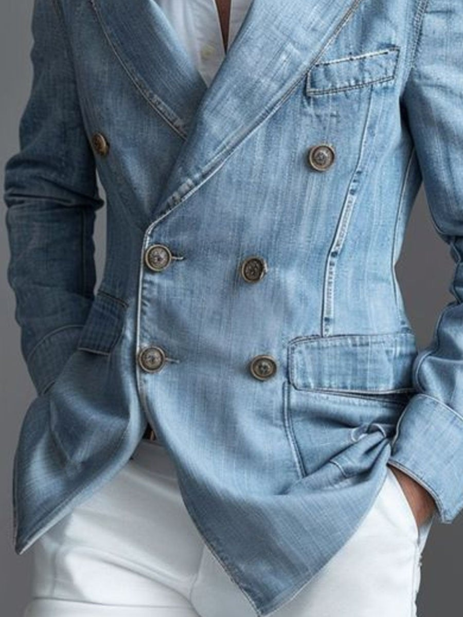 Heren Casual Denim Blazer met Dubbele Knoopsluiting en Zakken - Stijlvol