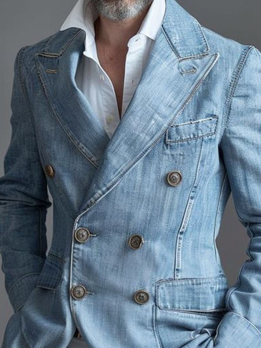 Heren Casual Denim Blazer met Dubbele Knoopsluiting en Zakken - Stijlvol